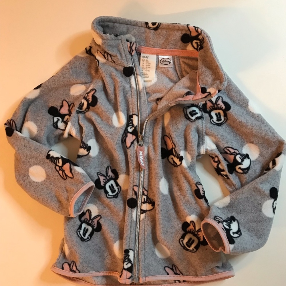H&M DISNEY 12-18 MONTH GIRL GRAY ZIP UP MINNIE PRINT FLEECE 100% SOFT POLYESTER